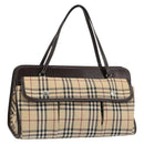 BURBERRY Nova Check Blue Label Tote Bag Canvas Beige Silver Auth 153811-1