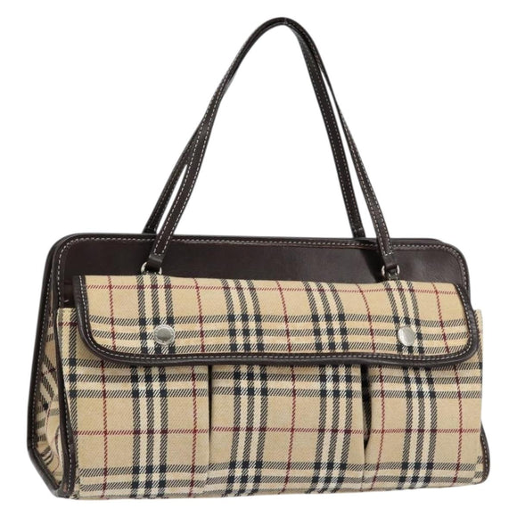 BURBERRY Nova Check Blue Label Tote Bag Canvas Beige Silver Auth 153811