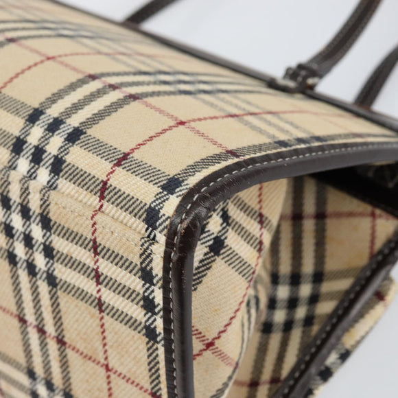 BURBERRY Nova Check Blue Label Tote Bag Canvas Beige Silver Auth 153811