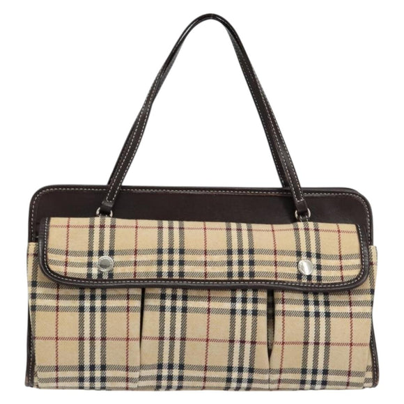 BURBERRY Nova Check Blue Label Tote Bag Canvas Beige Silver Auth 153811