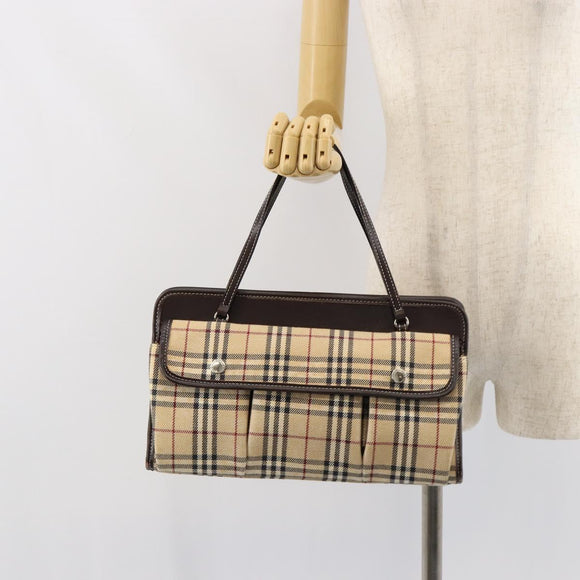 BURBERRY Nova Check Blue Label Tote Bag Canvas Beige Silver Auth 153811