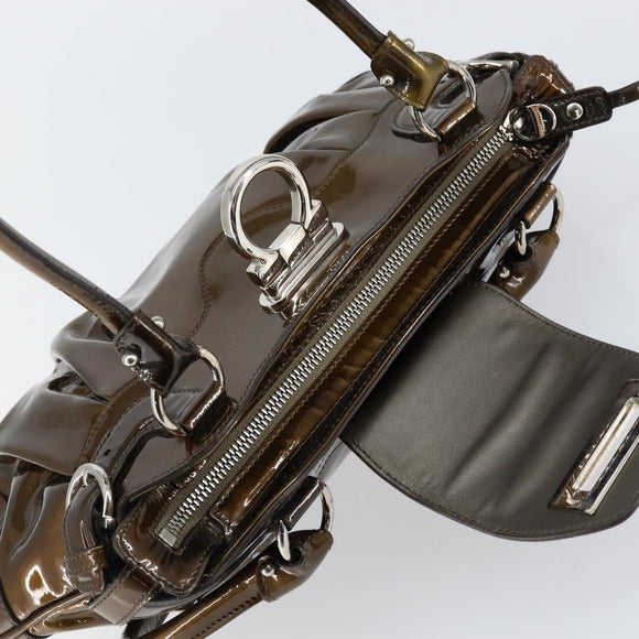 Salvatore Ferragamo Gancini Hand Bag Enamel Bronze Silver Auth 153819