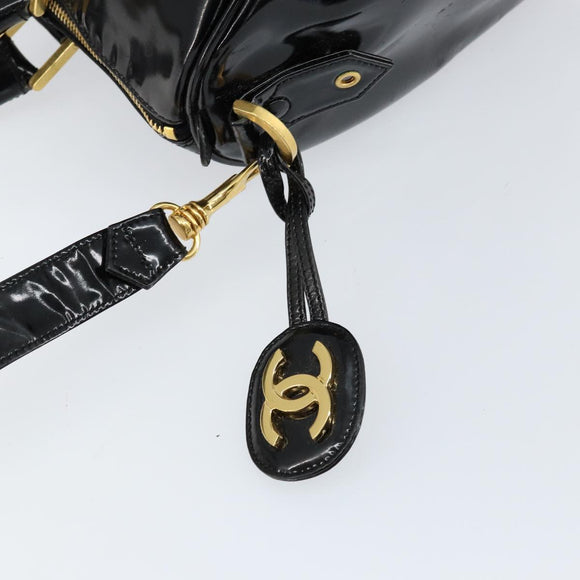 CHANEL Boston Bag Patent leather 2way Black Gold CC Auth 153822
