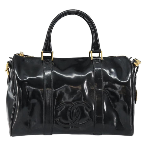 CHANEL Boston Bag Patent leather 2way Black Gold CC Auth 153822
