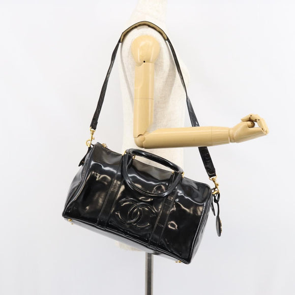 CHANEL Boston Bag Patent leather 2way Black Gold CC Auth 153822