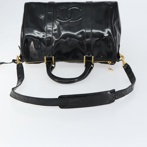 CHANEL Boston Bag Patent leather 2way Black Gold CC Auth 153822
