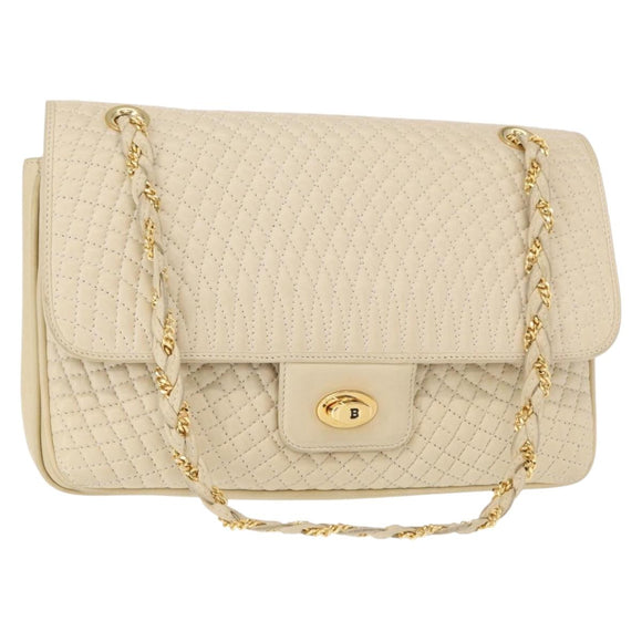 BALLY Quilted Chain Shoulder Bag Leather Ivory Gold Auth 153827