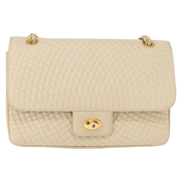 BALLY Quilted Chain Shoulder Bag Leather Ivory Gold Auth 153827