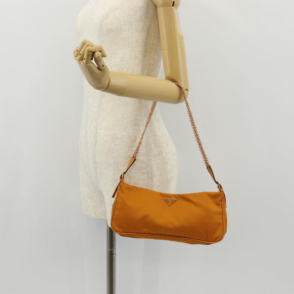 PRADA Chain Shoulder Bag Nylon Orange Gold Auth 153828V