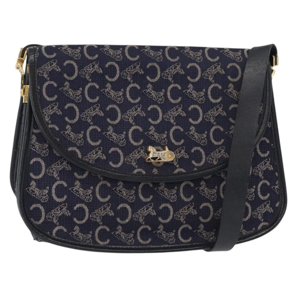CELINE C Sulky Horse Carriage Shoulder Bag Canvas Leather Navy Gold Auth 153832
