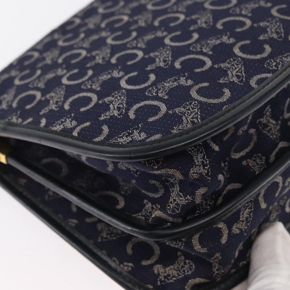 CELINE C Sulky Horse Carriage Shoulder Bag Canvas Leather Navy Gold Auth 153832