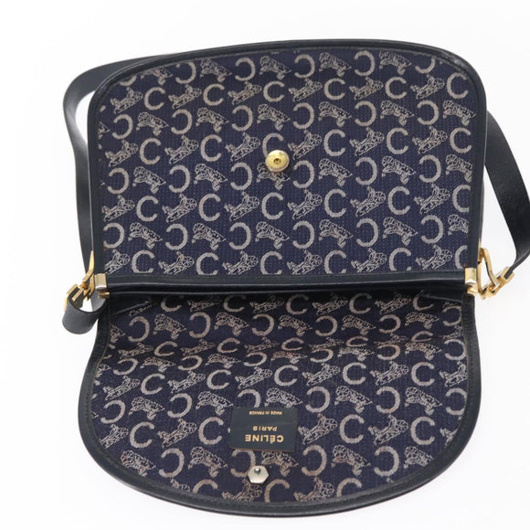 CELINE C Sulky Horse Carriage Shoulder Bag Canvas Leather Navy Gold Auth 153832