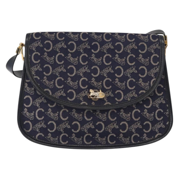 CELINE C Sulky Horse Carriage Shoulder Bag Canvas Leather Navy Gold Auth 153832
