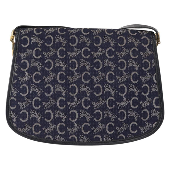 CELINE C Sulky Horse Carriage Shoulder Bag Canvas Leather Navy Gold Auth 153832