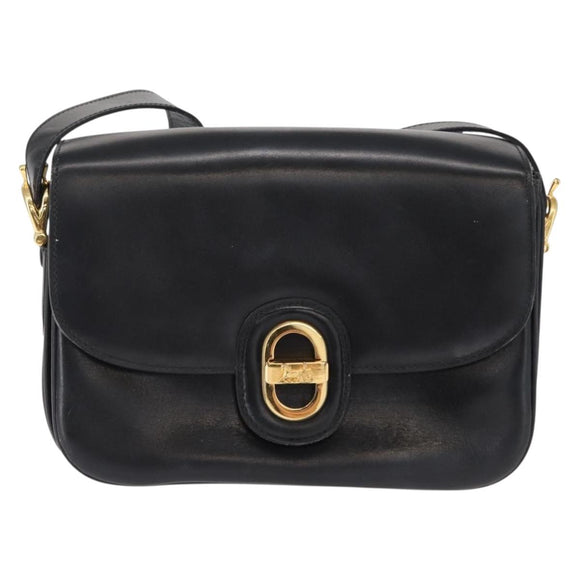 CELINE Horse Carriage Shoulder Bag Leather Black Gold Auth 153833