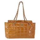 CHANEL Choco Bar Chain Shoulder Bag Patent leather Brown Gold CC Auth 153883-1