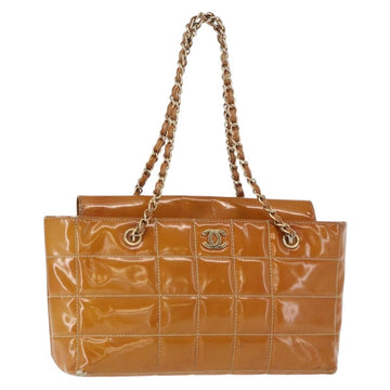 CHANEL Choco Bar Chain Shoulder Bag Patent leather Brown Gold CC Auth 153883