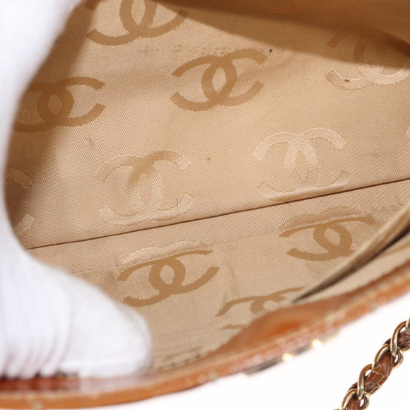 CHANEL Choco Bar Chain Shoulder Bag Patent leather Brown Gold CC Auth 153883