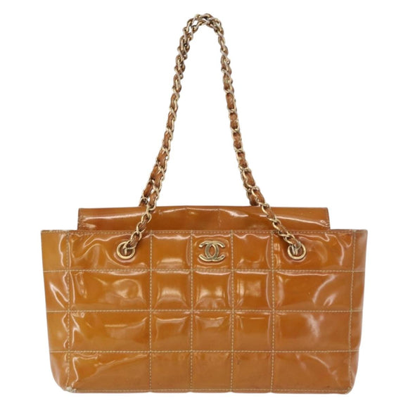 CHANEL Choco Bar Chain Shoulder Bag Patent leather Brown Gold CC Auth 153883