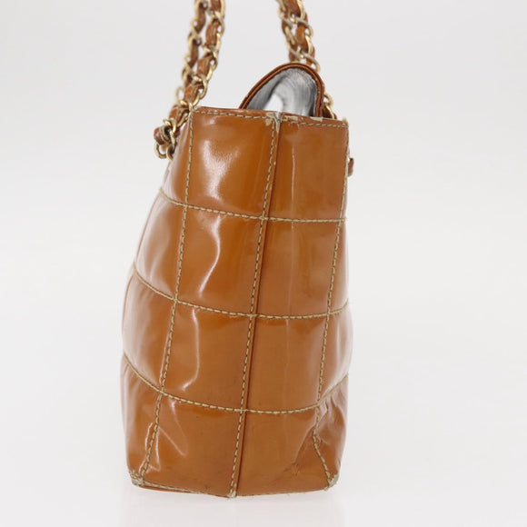 CHANEL Choco Bar Chain Shoulder Bag Patent leather Brown Gold CC Auth 153883