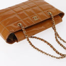 CHANEL Choco Bar Chain Shoulder Bag Patent leather Brown Gold CC Auth 153883-6