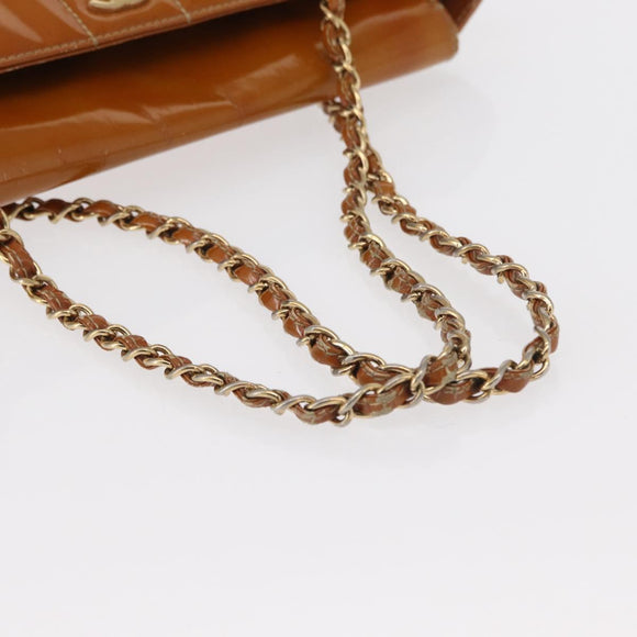 CHANEL Choco Bar Chain Shoulder Bag Patent leather Brown Gold CC Auth 153883