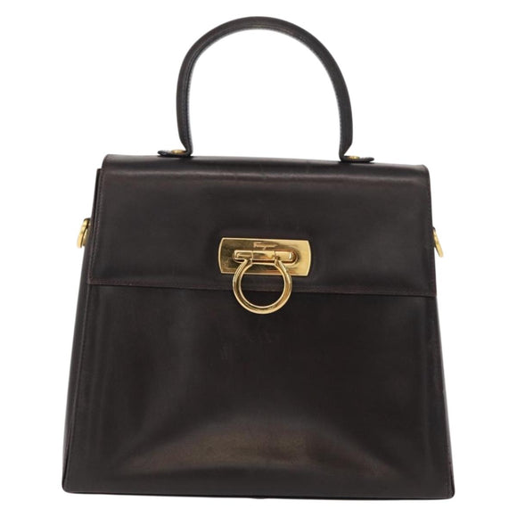 Salvatore Ferragamo Gancini Hand Bag Leather Black Gold Auth 153902