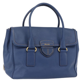 PRADA Hand Bag Safiano Leather Blue Gold Auth 153910