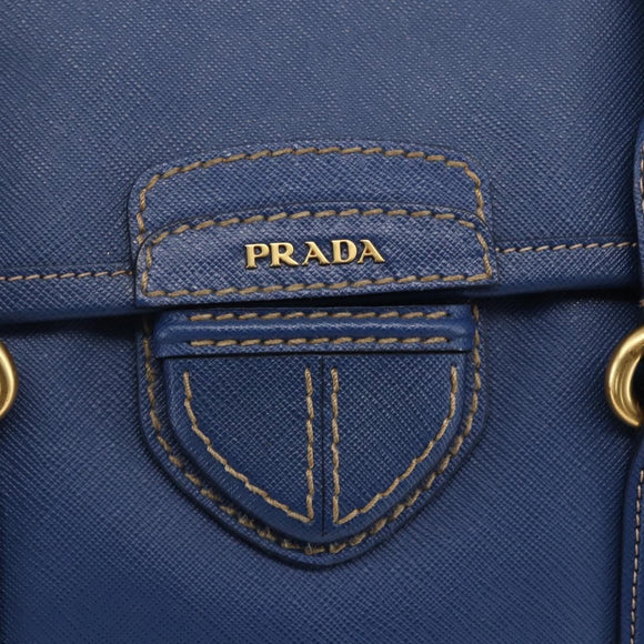 PRADA Hand Bag Safiano Leather Blue Gold Auth 153910