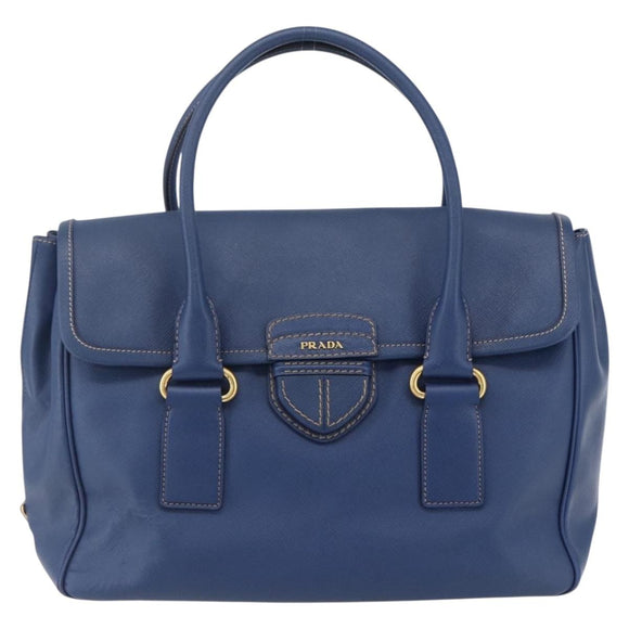PRADA Hand Bag Safiano Leather Blue Gold Auth 153910