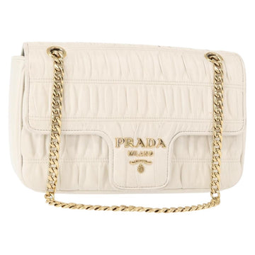 PRADA Gathered Chain Shoulder Bag Leather White Gold Auth 153930