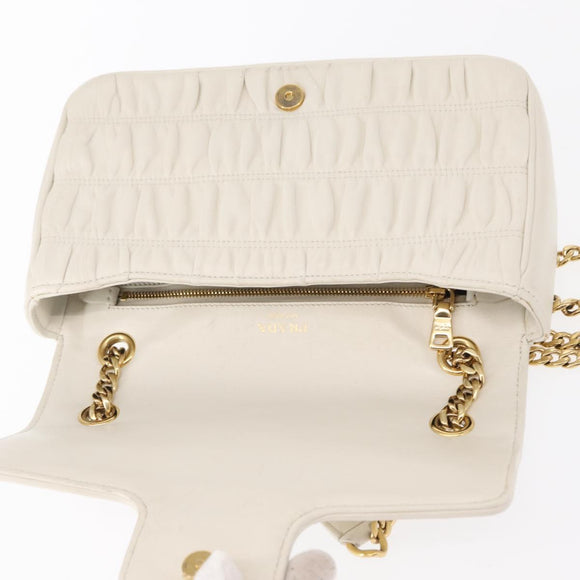 PRADA Gathered Chain Shoulder Bag Leather White Gold Auth 153930