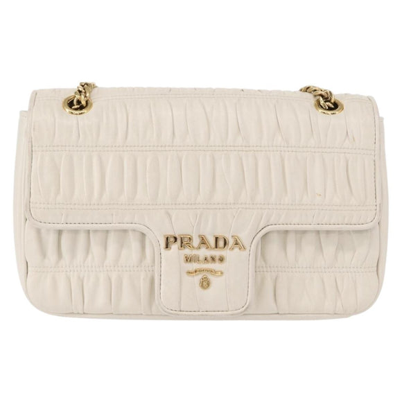 PRADA Gathered Chain Shoulder Bag Leather White Gold Auth 153930