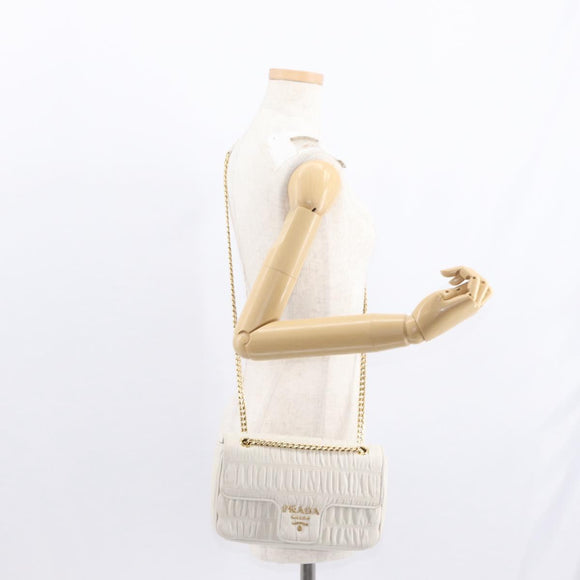 PRADA Gathered Chain Shoulder Bag Leather White Gold Auth 153930