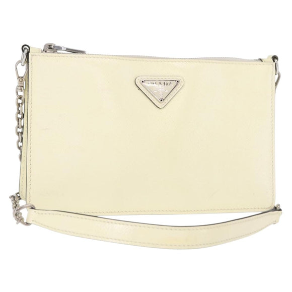 PRADA Chain Shoulder Bag Safiano leather White Silver Auth 153937