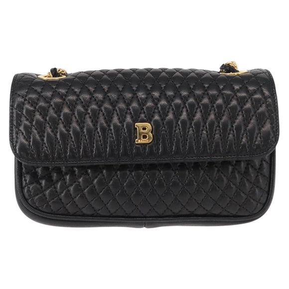 BALLY Quilted Chain Shoulder Bag Leather Black Gold Auth 153938