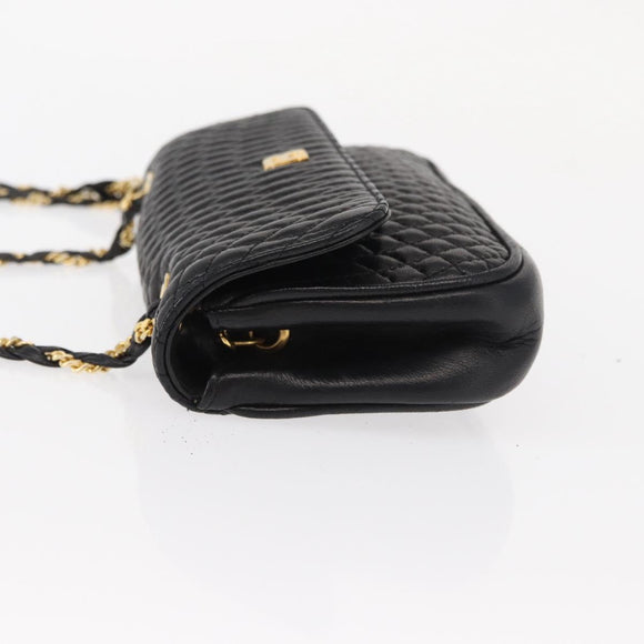 BALLY Quilted Chain Shoulder Bag Leather Black Gold Auth 153938
