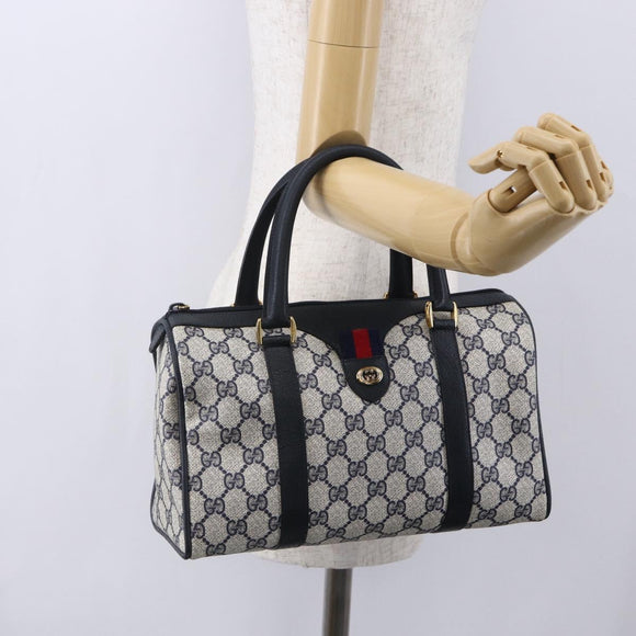 GUCCI GG Supreme Sherry Line Boston Bag PVC Navy Gold Red 116 02 006 Auth 153955