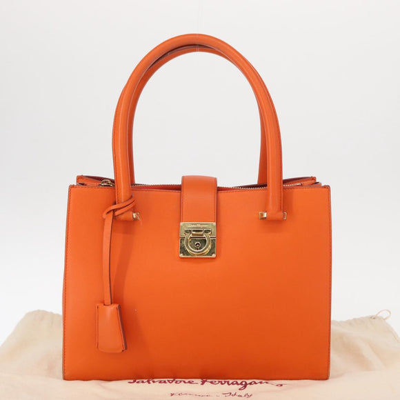 Salvatore Ferragamo Gancini Hand Bag Leather Orange Gold Auth 153961V