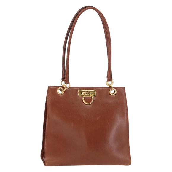 Salvatore Ferragamo Gancini Hand Bag Leather 2way Brown Gold Auth 153962