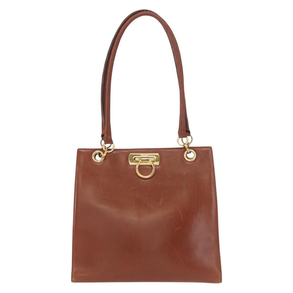 Salvatore Ferragamo Gancini Hand Bag Leather 2way Brown Gold Auth 153962