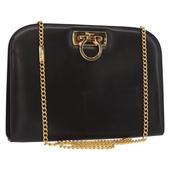 Salvatore Ferragamo Gancini Chain Hand Bag Leather Dark Brown Gold Auth 153963