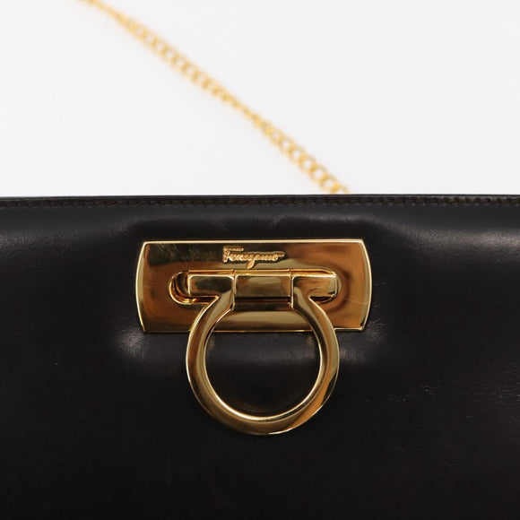 Salvatore Ferragamo Gancini Chain Hand Bag Leather Dark Brown Gold Auth 153963