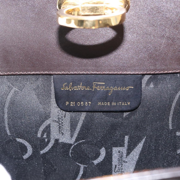 Salvatore Ferragamo Gancini Chain Hand Bag Leather Dark Brown Gold Auth 153963