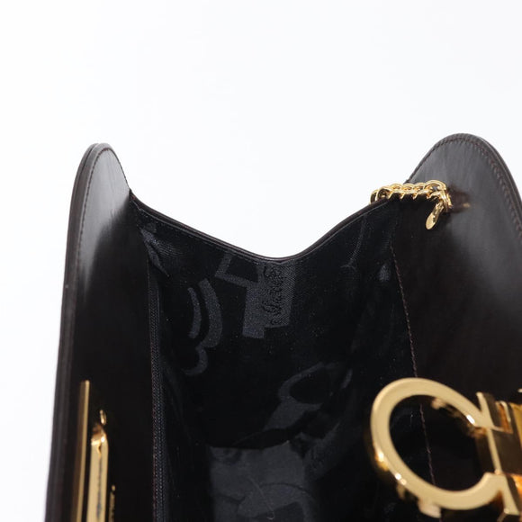 Salvatore Ferragamo Gancini Chain Hand Bag Leather Dark Brown Gold Auth 153963