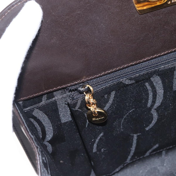 Salvatore Ferragamo Gancini Chain Hand Bag Leather Dark Brown Gold Auth 153963