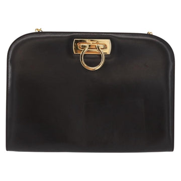 Salvatore Ferragamo Gancini Chain Hand Bag Leather Dark Brown Gold Auth 153963 - 0