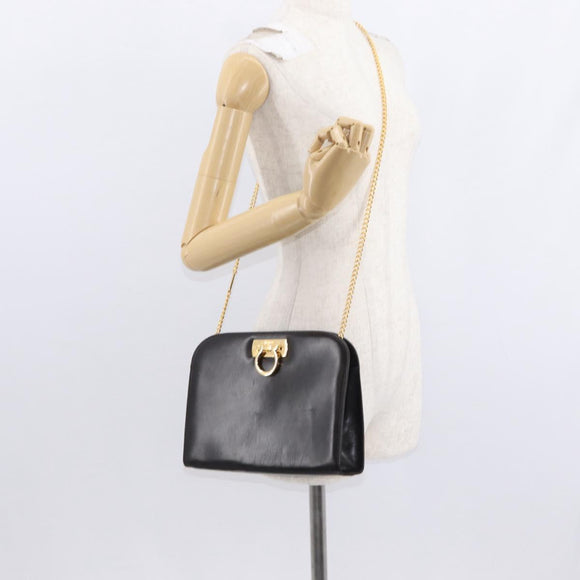 Salvatore Ferragamo Gancini Chain Hand Bag Leather Dark Brown Gold Auth 153963