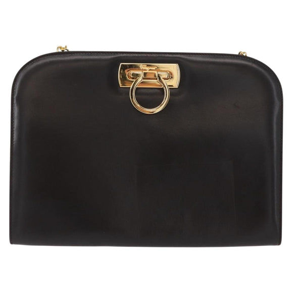 Salvatore Ferragamo Gancini Chain Hand Bag Leather Dark Brown Gold Auth 153963