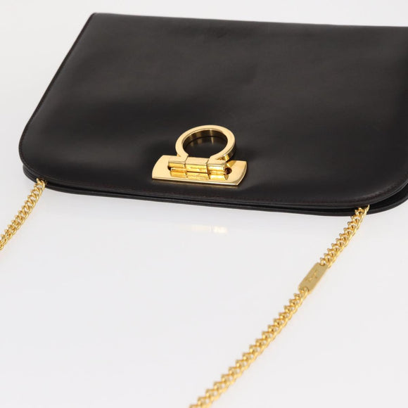 Salvatore Ferragamo Gancini Chain Hand Bag Leather Dark Brown Gold Auth 153963